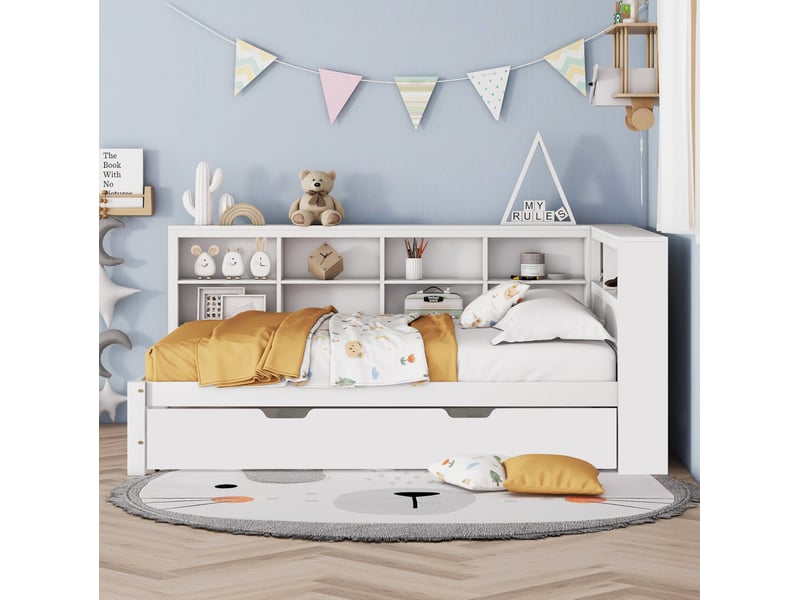  Lit 2 places 140x200 cm avec lit gigogne 90x190 cm, usb, coloris blanc  - Conforama B