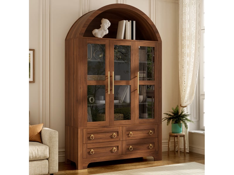  Buffet 110x40x185 cm avec 3 portes vitrées et 4 tiroirs coloris noyer  - Conforama D