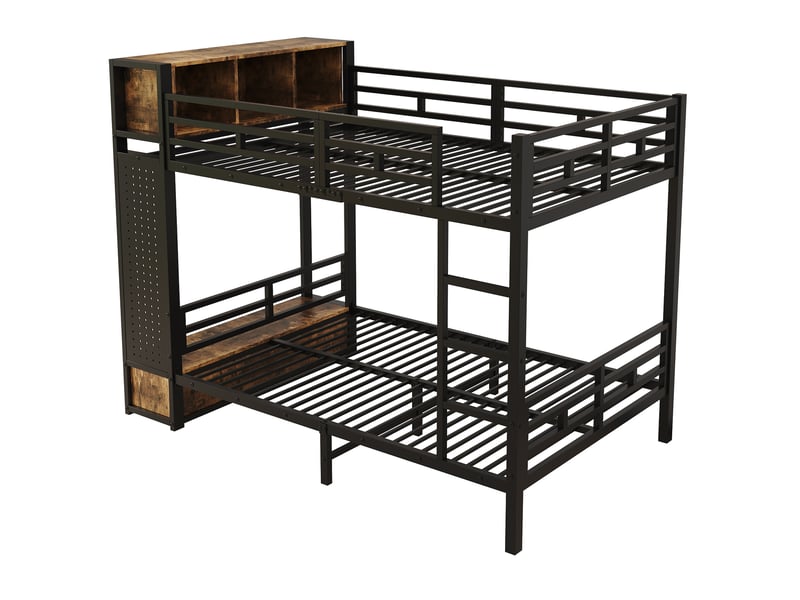 Lit superposé 120×200 cm avec rangement, tringle, tiroir et étagères, métal et bois noir sans matelas - Conforama D