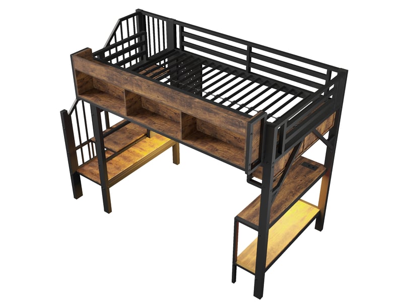 Lit mezzanine enfant 90x200 cm brunnoir avec bureau d’angle, escalier rangement, led et usb-c Fay Lum - Conforama D
