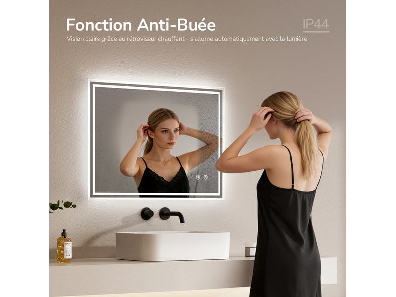 Emke miroir lumineux salle de bain 50x70cm, miroir led avec l'éclairage, interrupteur tactile, anti-buée, lumière blanche froide  - Conforama C