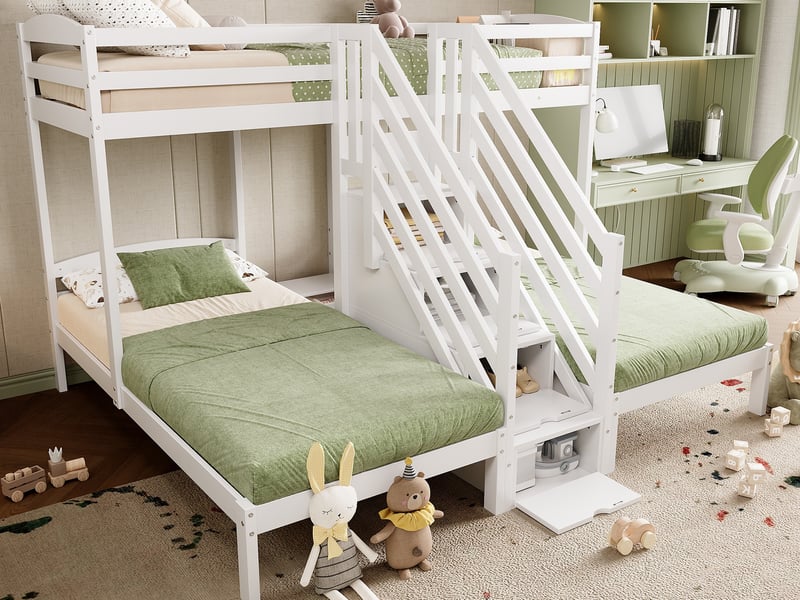  Lit mezzanine 90 x 200cm, 3 couchages, avec tiroirs, barrière de sécurité, certifié en 747, sans matelas, blanc  - Conforama B