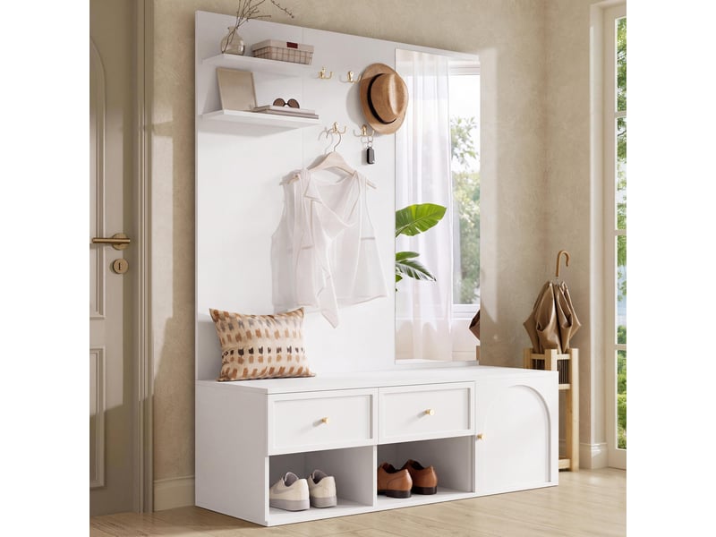  Vestiaire d'entrée  - 120x35x159cm - meuble 6-en-1 avec miroir, tiroirs et banc à chaussures - blanc  - Conforama B