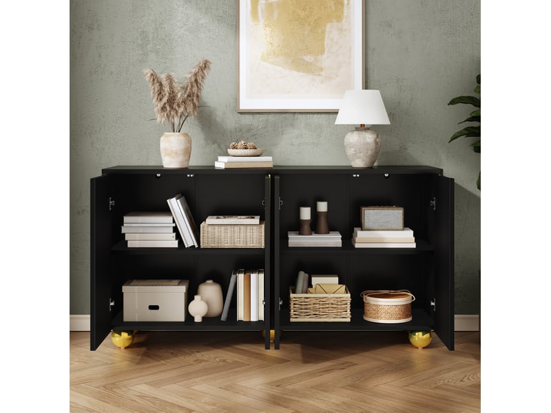  Buffet 4 portes 140 x 40 x 74 cm noir, décor arcs dorés et pieds en métal  - Conforama D