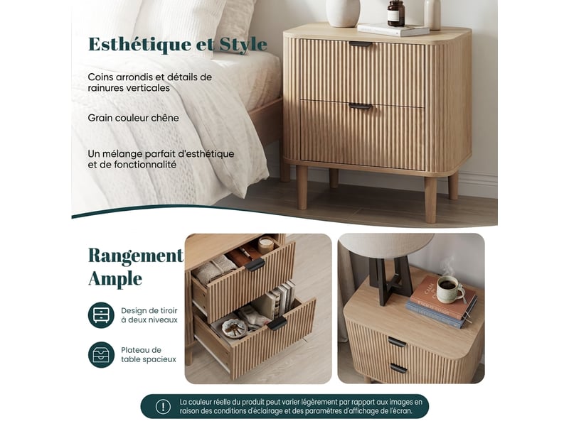  Table de chevet chêne naturel avec 2 tiroirs, bords arrondis, 57x40x57 cm  - Conforama D