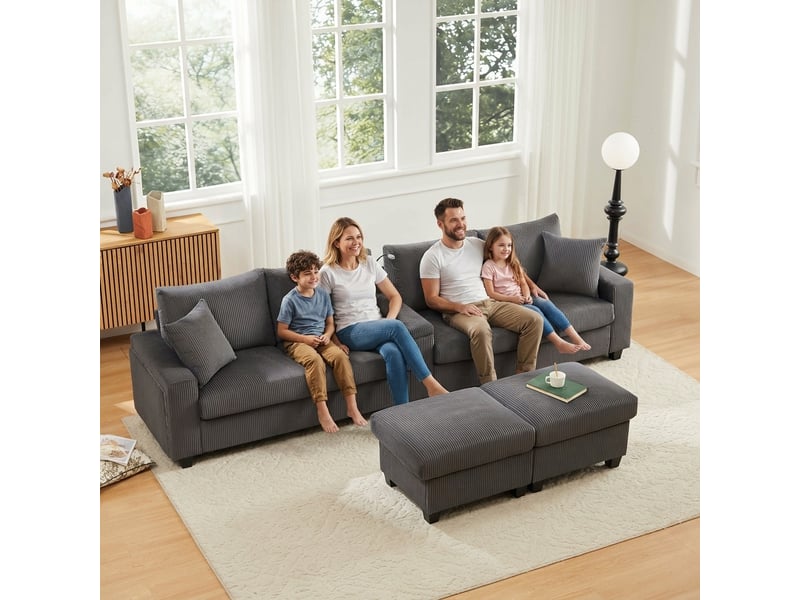  Canapé panoramique en u velours côtelé gris, 4 places avec 2 poufs de rangement &amp; ports usb, accoudoirs led et lampe pour grand salon  - Conforama B