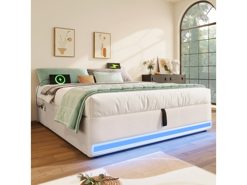  Lit coffre 90x200 cm - lit déco avec port usb et type-c - lin + mdf - sans matelas - beige  - Conforama C