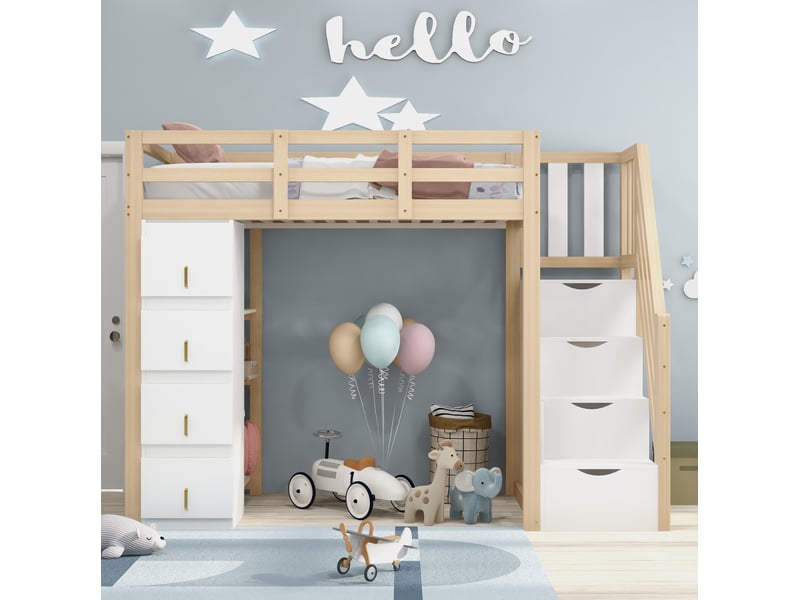  Lit mezzanine 90x200cm, li enfant avec 4 tiroirs, étagères, escalier, espace de rangement et sommier, pin+mdf, blanc+bois, sans matelas  - Conforama D