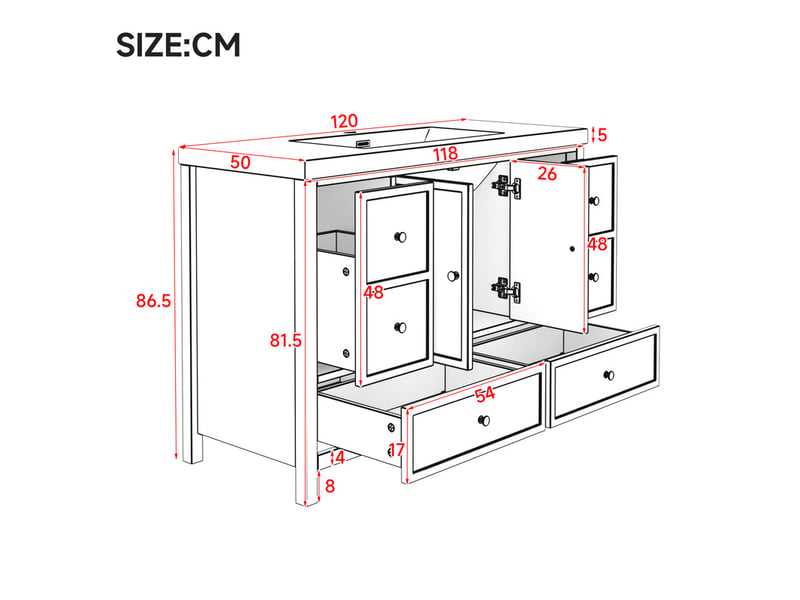 Meuble vasque autoportant 120cm, 4 tiroirs silencieux, 2 portes à fermeture douce, vasque résine, blanc - Conforama C