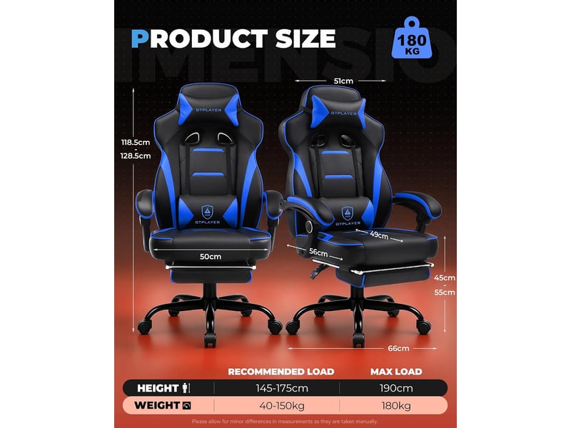  Gtplayer chaise de jeu avec repose-pieds, 180kg, soutien lombaire, appui-tête réglable, inclinable à 155° - bleu F59-BL-TJ - Conforama B