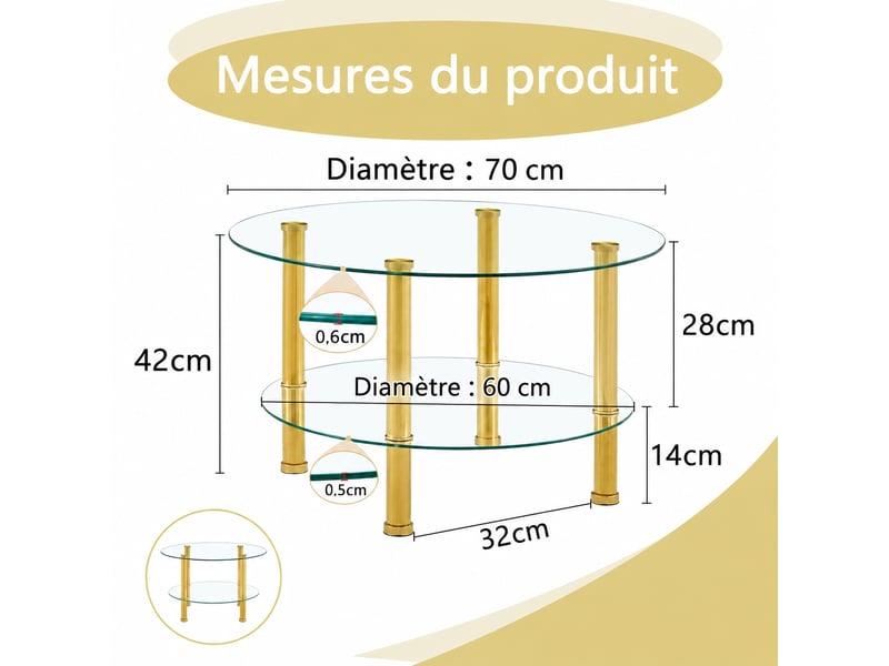  Table basse ronde en verre à 2 niveaux, pieds en métal doré, ø 70 cm  - Conforama C