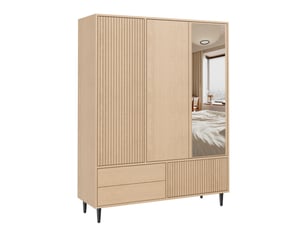Armoire aspect chêne 135 × 45 × 200 cm, miroir, 3 portes et 3 tiroirs
