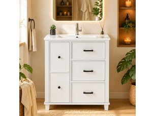 Meuble salle de bain sur pied avec lavabo en céramique intégré, meuble vasque blanc 76 cm, 4 tiroirs, mdf laqué