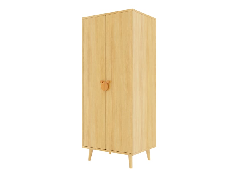  Armoire enfant 2 portes en mdf blanc et bois clair, rangement avec penderie et 2 tiroirs, pieds surélevés  - Conforama A