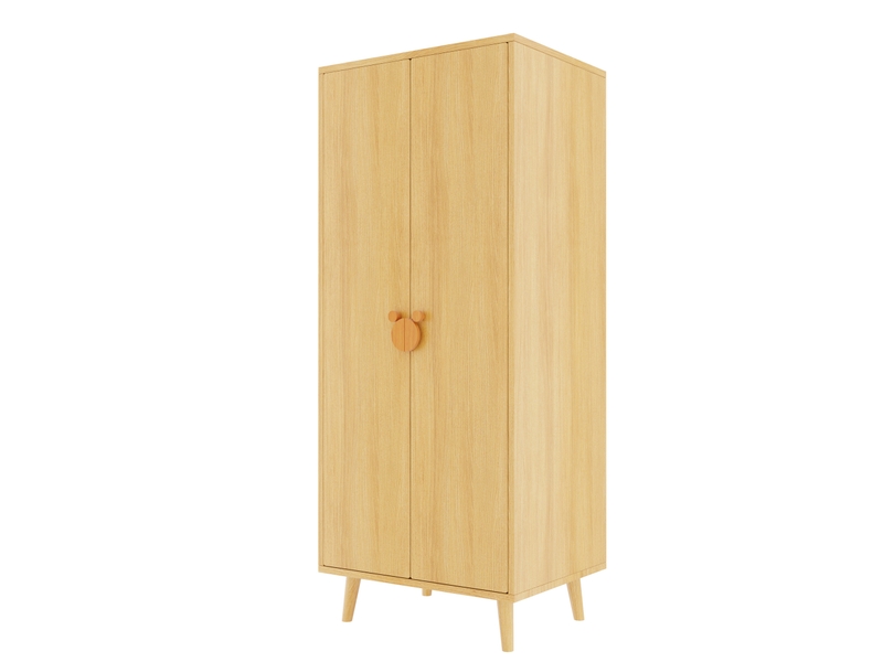  Armoire enfant 2 portes en mdf blanc et bois clair, rangement avec penderie et 2 tiroirs, pieds surélevés  - Conforama A