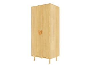 Armoire enfant 2 portes en mdf blanc et bois clair, rangement avec penderie et 2 tiroirs, pieds surélevés