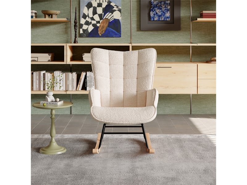  Fauteuil à bascule 68x78x98 cm - fauteuil en tissu bouclette peluche, dossier haut capitonné et pieds bois - beige  - Conforama C