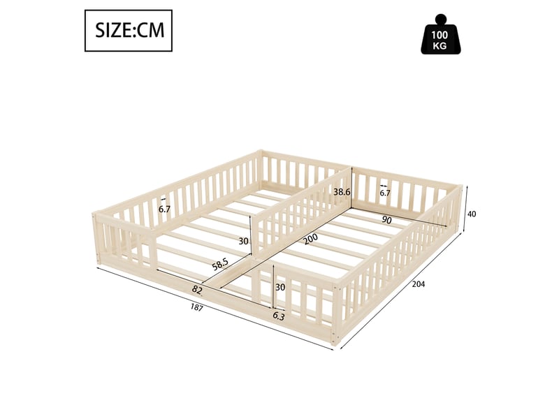  Lit pour enfant double au sol, 90 x 200 cm, x2 avec barrière de sécurité, matelas non inclus, bois, coloris naturel  - Conforama C