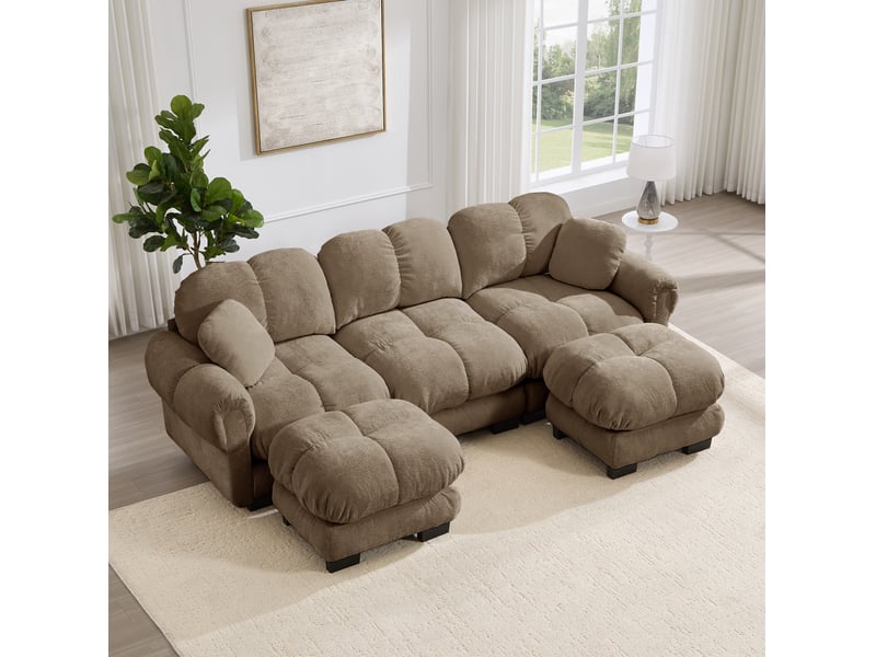 Canapé modulable 3 places modenvie en u avec ottomane mobile, 2 coussins décoratifs, tissu chenille marron, 260 x 149 x 90 cm  - Conforama D