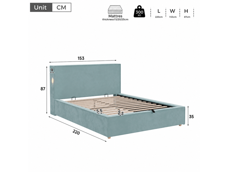  Lit enfant coffre 140x200 cm avec sommier et ouverture hydraulique, bleu, sans matelas  - Conforama C