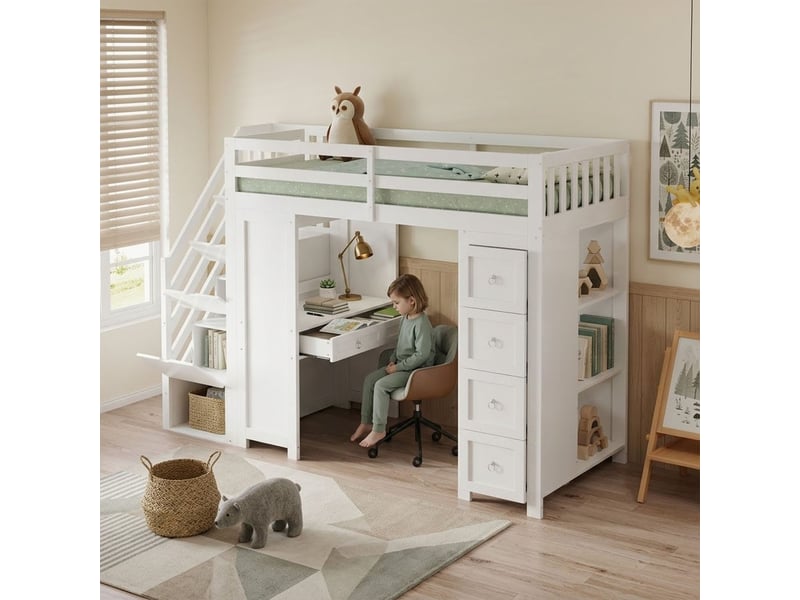 Lit superposé enfant 90 x 200 cm rangement intégré bureau intégré tiroirs étagères latérales structure en pin mdf et panneaux de particules finition blanche design multifonctionnel - Conforama B