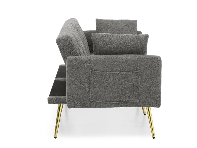 Canapé 2 places, canapé de salon, en polaire bouclée, gris, dossier inclinable 3 positions, pieds en métal, 2 coussins inclus - Conforama B