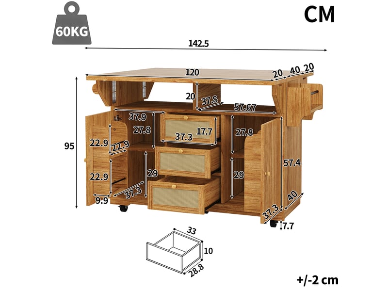 Desserte de cuisine pliable 142,5 x 80 x 95 cm marron foncé en mdf, à roulettes avec rangements pratiques - Conforama C