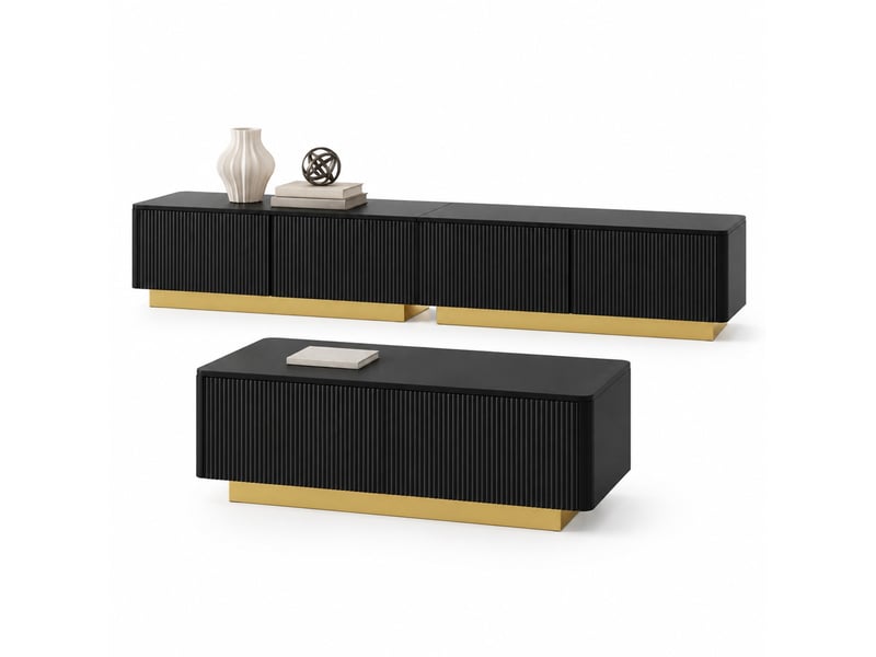  Ensemble meuble tv et table basse 2 pièces, façades rainurées, rangement, noir et doré  - Conforama A