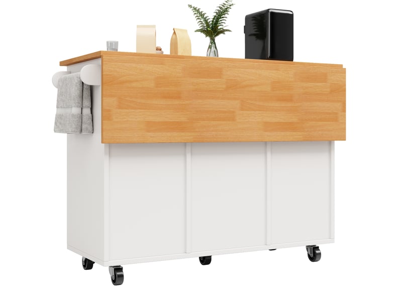  Îlot de cuisine 122x46(74,5)x91,5 cm, 8 tiroirs, 1 porte, plateau pliable, pour cuisine, en mdf et métal, bois et blanc  - Conforama D