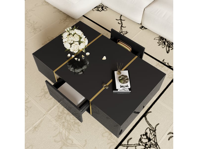 Table basse 100x60x41,5 cm avec 2 tiroirs, pieds et détails en métal doré, structure en mdf à finition brillante, noir ABC - Conforama D
