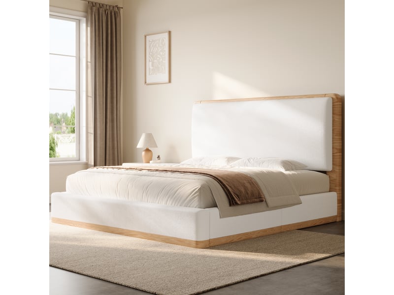 Lit coffre rembourré 180x200 cm en tissu teddy avec rangement hydraulique, tête de lit matelassée, cadre mdf et design naturel blanc et bois - Conforama D