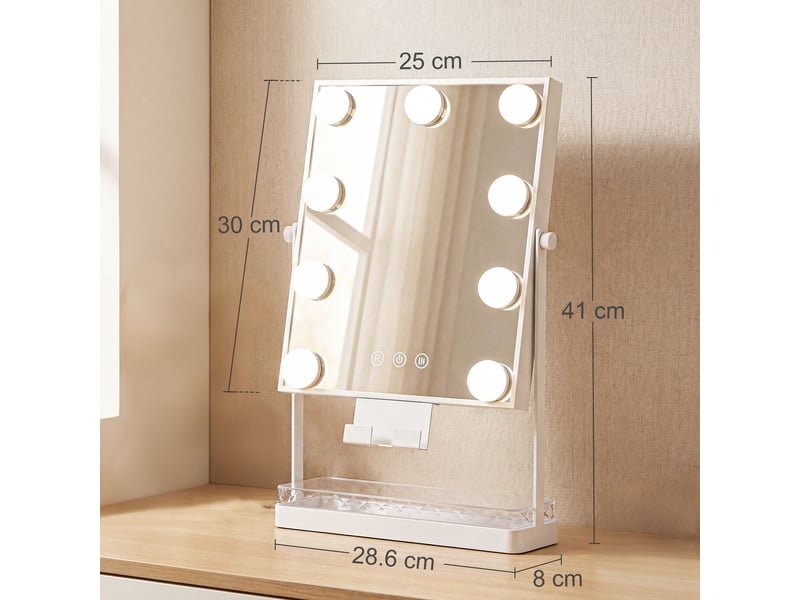 Miroir de maquillage lumineux style hollywood avec 9 ampoules led, 3 couleurs, interrupteur tactile et support pour téléphone - blanc - Conforama E