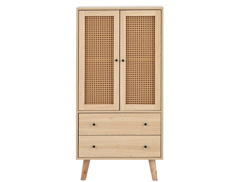  Buffet haut chêne 120 cm commode en bois et rotin 2 portes 2 tiroirs  - Conforama A