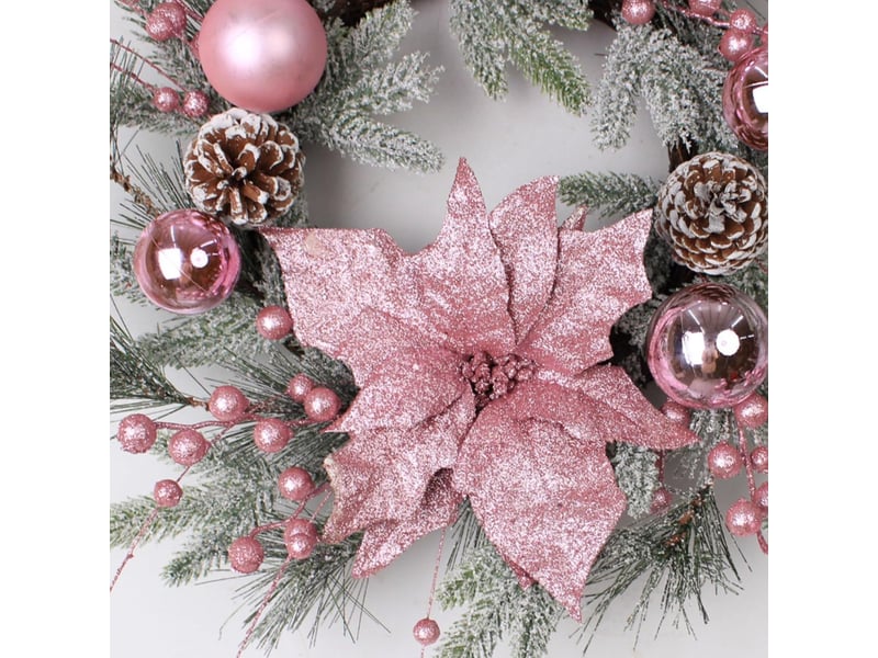  Couronne de noël rose 45 cm avec fleurs de poinsettia et boules, décoration porte mur fenêtre cheminée  - Conforama D