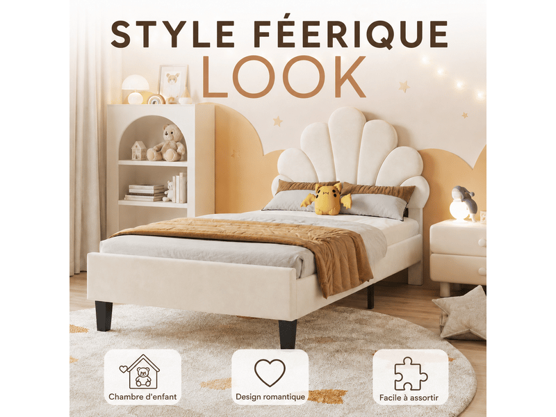 Lit enfant 90x190 avec sommier à lattes - lit rembourré 1 places avec tête de lit réglable en forme de fleur - tête de lit florale réglable - lit simple - lit simple avec tête de lit fleur réglable en hauteur - 1 personne - velo… - Conforama D