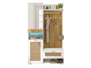 Meuble d'entrée avec 3 portes, miroir, 6 crochets et led 16 couleurs pour entrée, bois et blanc, 110 × 38 × 190 cm