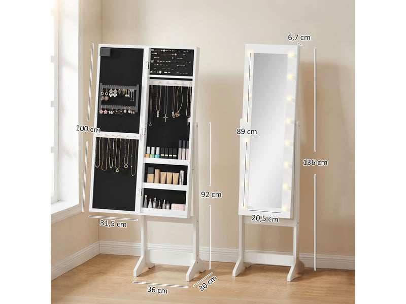  Armoire à bijoux armoire de rangement sur pieds boîte à bijoux avec miroir éclairage multi-rangements led blanc  - Conforama C