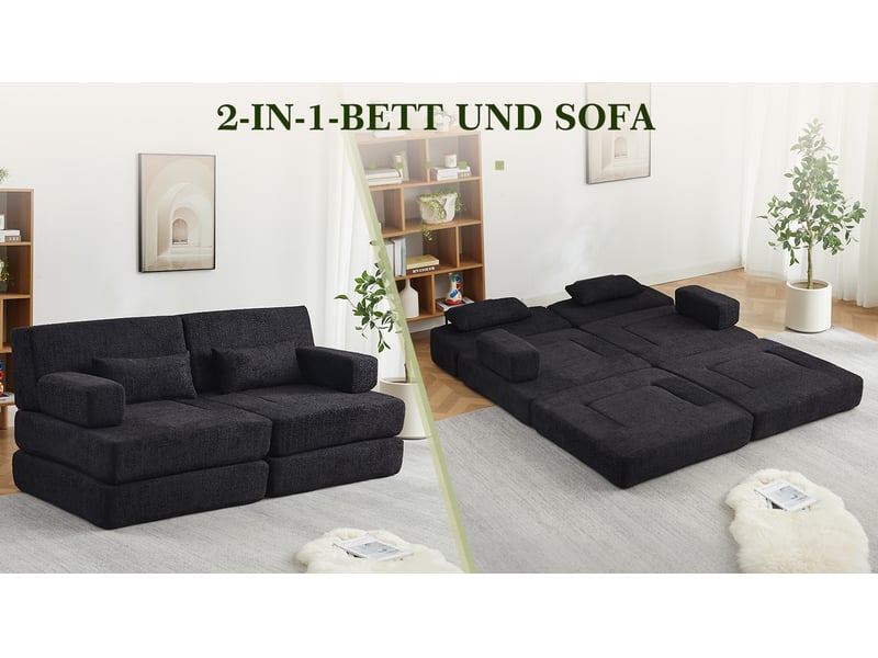  Canapé-lit modulaire 2 places – noir – chenille convertible 2-en-1 avec cadre en fer et dossier haut  - Conforama B