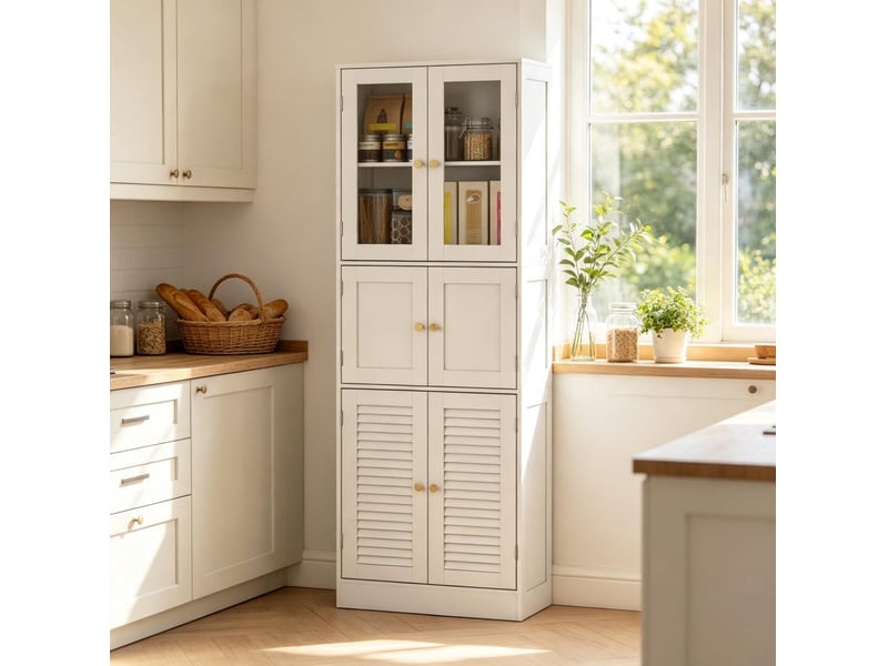 Meuble de salle de bains haut blanc en mdf et verre, 6 portes et rangements réglables pour votre quotidien  - Conforama B
