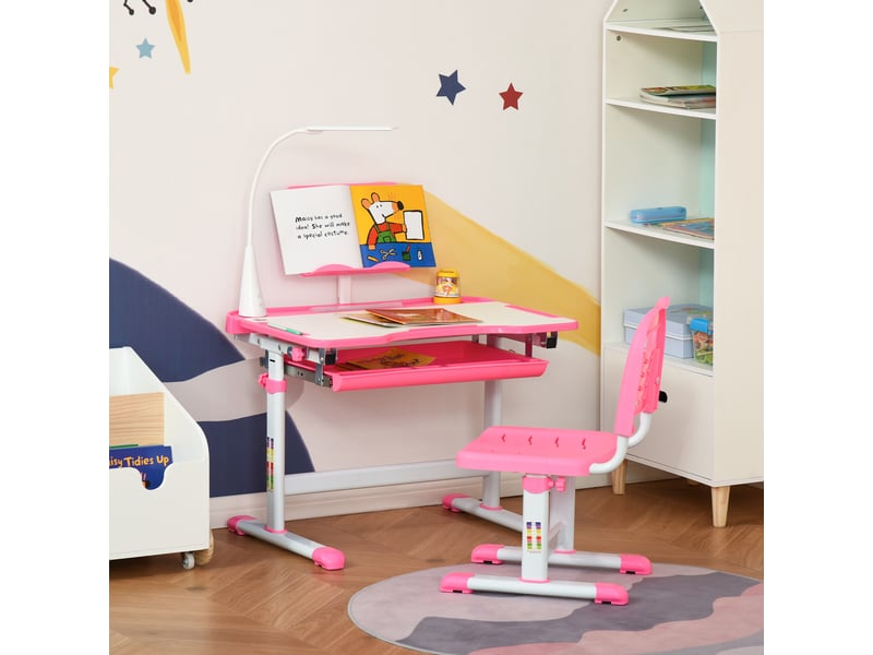  Ensemble chaise et bureau pour enfants avec lampe led hauteur réglable plateau incliné support de lecture rose  - Conforama C