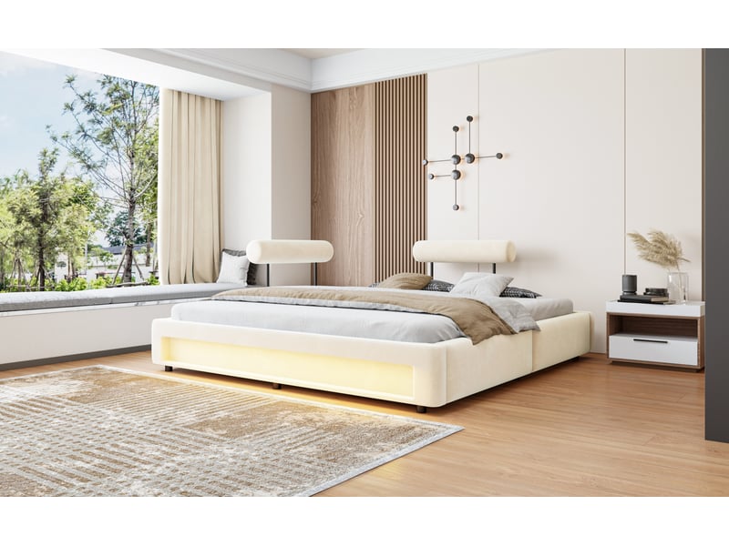 Lit double capitonné 180x200 cm, dossiers réglables et led, velours beige - Conforama D