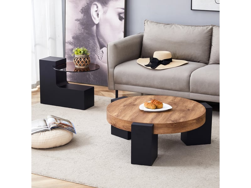  Tables basses gigognes rondes à 2 niveaux en mdf et verre pour salon diamètre 61 cm noir et bois  - Conforama C