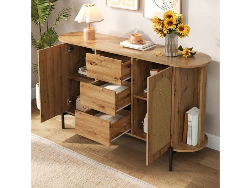  Buffet moderne, ovale en rotin avec étagères réglables, 140×38×77,5cm, meuble de rangement, double porte et trois tiroirs, couleur  - Conforama C