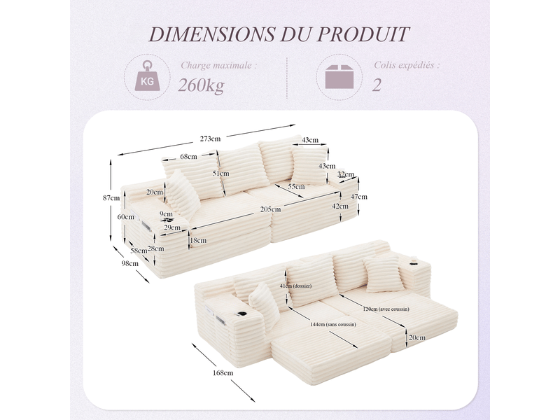  Canapé droit convertible en velours côtelé beige, 3 places, dossier haut, poches et porte-gobelets, salon 273x98x87cm - Conforama C