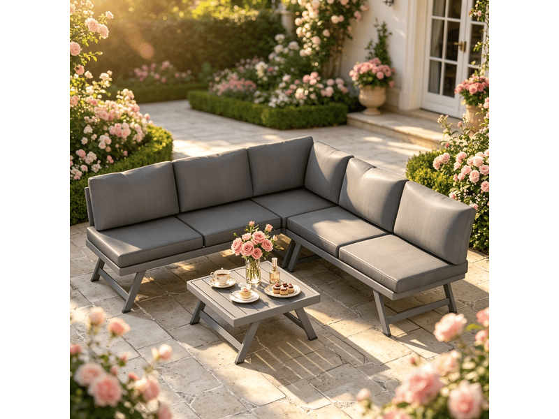  Canapé d'angle extérieur - ensemble 4 pièces - 2 canapés 2 places - fauteuil d'angle - table basse - 11 coussins Gris - Conforama A