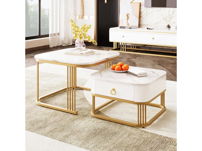 Tables basses gigognes avec tiroir pour salon en mdf 60×60×45 cm et 50×50×34 cm blanc et or - Conforama C