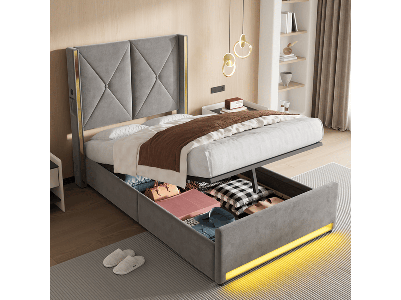  Lit coffre enfant 90x200 cm en velours gris foncé avec usb, type-c et led  - Conforama B