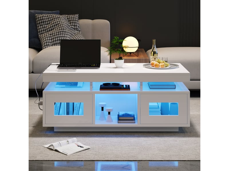  Table basse rectangulaire 100x50x43 cm avec rangement, éclairage led, prise européenne et usb, 2 portes et niches ouvertes en panneaux de particules - blanc  - Conforama D