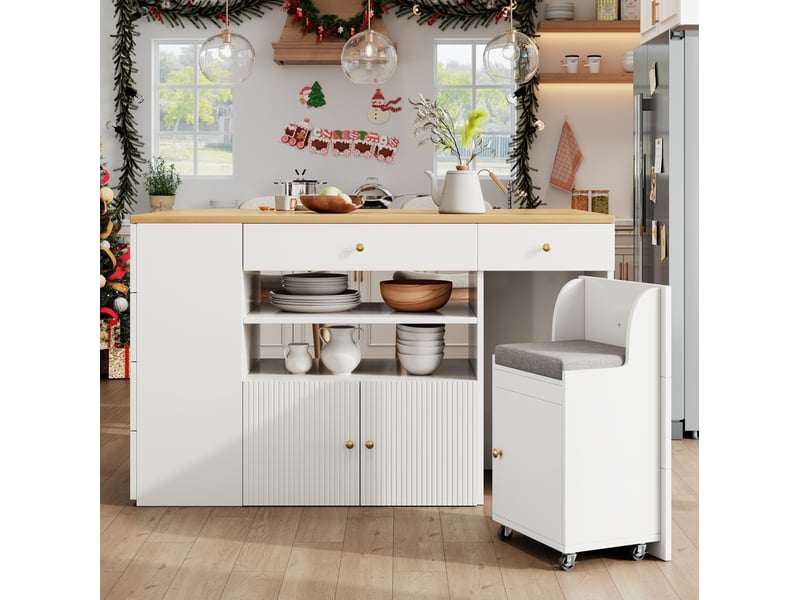  Desserte de cuisine 140x40(70)x90,5 cm, avec 6 tiroirs et tabouret coffre, structure mdf et métal, meuble de cuisine  - Conforama E