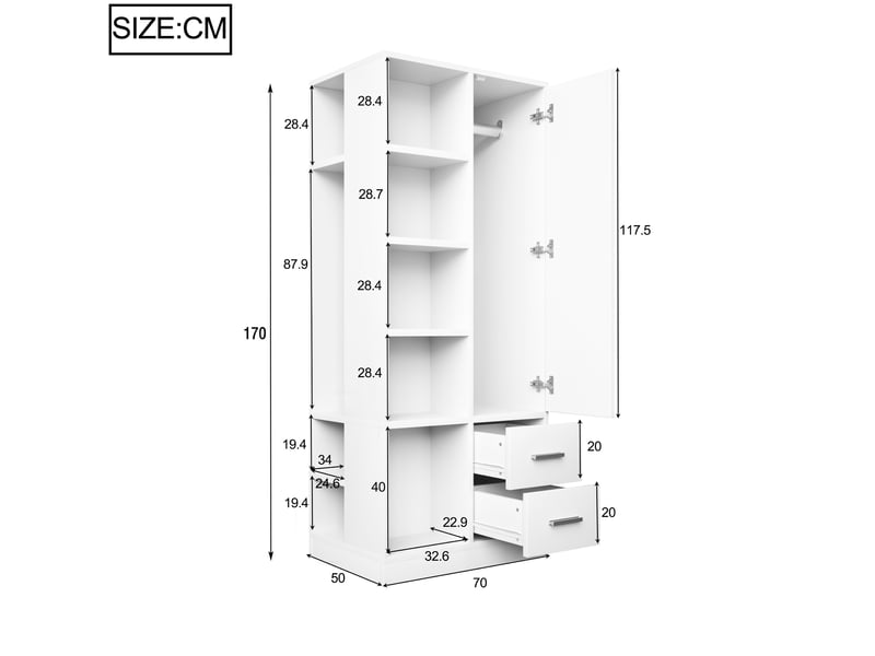 Armoire avec 1 porte, 2 tringles, étagères ouvertes et 2 tiroirs, pour chambre, en bois blanc, 70 × 50 × 170 cm - Conforama D